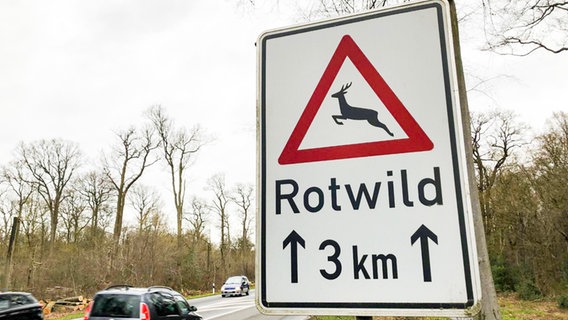 Auf einem Schild steht "Rotwild 3 Kilometer". © NDR Foto: Göran Theo Ladewig