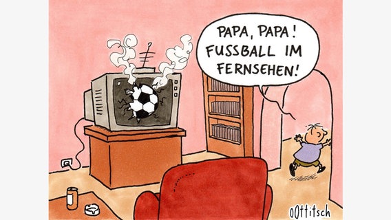 Eine humorvolle Karrikatur mit dem Titel: "Fußball im Fernsehen". © Oliver Ottitisch 