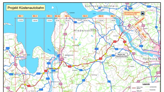 Die Karte zeigt das Projekt der Küstenautobahn der Niedersächsischen Landesbehörde für Straßenbau und Verkehr. © Niedersächsische Landesbehörde für Straßenbau und Verkehr 