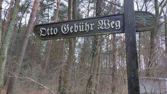 Vor mehreren kahlen Bäumen ist ein hölzernes Straßenschild mit der Aufschrift Otto Gebühr Weg aufgestellt. © NDR 