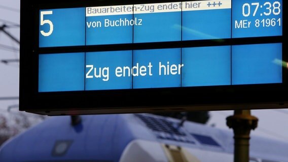 Eine Anzeigetafel mit der Information "Zug endet hier" ist an einem Gleis im Hauptbahnhof Harburg (Hamburg) zu sehen. © picture alliance / dpa | Malte Christians Foto:  Malte Christians