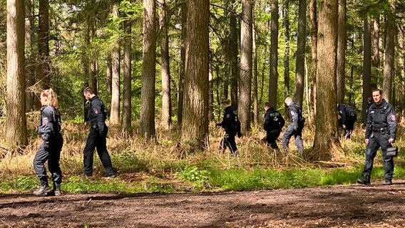 Polizisten suchen einem Wald nahe Bremervörde-Elm nach einem vermissten Jungen im Landkreis Rotenburg. © NDR Foto: Peter Becker