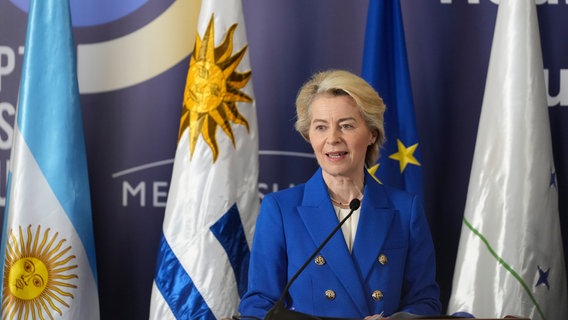 Die Präsidentin der Europäischen Kommission Ursula von der Leyen spricht während des Mercosur-Gipfels. © picture alliance/dpa/AP Foto: Matilde Campodonico