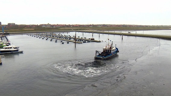 Ein Schiff fährt durch den Hafen einer Ostfriesischen Insel. © NDR 