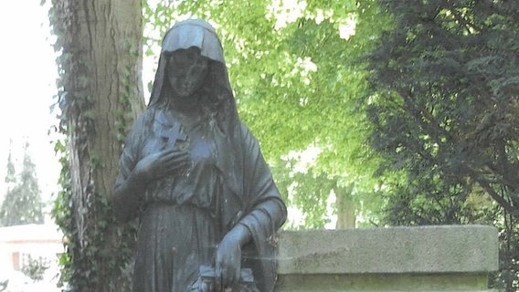 Eine Frauenstatue aus Bronze auf einem Sockel neben einem Stein. © Polizeiinspektion Wilhelmshaven 