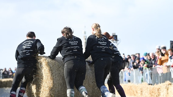 Der Strohballen wird von einem Frauenteam den Deich hinaufgerollt. Zahlreiche Zuschauer verfolgen die 13. Ostfriesische Strohballen-Rollmeisterschaft, bei der Männer-, Frauen- und Mixed-Teams um den Titel "Strohballen-Rollmeister 2024" wetteifern. © Lars Penning/dpa Foto: Lars Penning