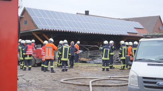 Feuerwehrleute stehen auf einem landwirtschaftlichen Hof auf dem ein Feuer mehrere Schweine und Ferkel getötet hat. © Nord-West-Media TV 