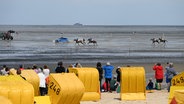 Zahlreiche Zuschauer verfolgen vom Strand in Duhnen das Wattrennen. © dpa Foto: Lars Penning