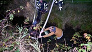 Feuerwehrleute und die Besitzerin retten ein Fohlen aus einem Wassergraben in Weener. © Nonstop News 