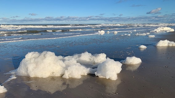 Sonnenschein und Schaum am Strand von Norderney im Dezember © NDR Foto: Martina Scholz