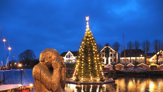 Ein Weihnachtsbaum schwimmt im Hafen von Carolinensiel auf einem Floß. © NDR Foto: Marion Holtz