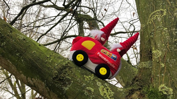 Weihnachtliche Wichtel-Figuren sitzen in einem Feuerwehrauto auf einem Baum. © NDR Foto: Jutta Przygoda