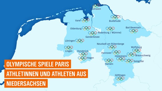 Eine Karte von Niedersachsen zeigt aus welchen Orten die Olympioniken kommen. © NDR 