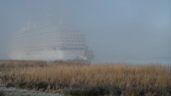 das neue Kreuzfahrtschiff der Meyer Werft, die "Asuka III", im dichten Nebel auf ihrer Emsüberführung © dpa Bildfunk Foto: Lars Penning