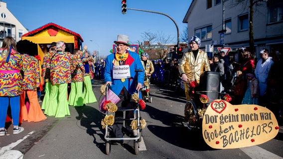 Akteure ziehen in bunten Kostümen beim traditionellen Dammer Carnevalsumzug durch die Innenstadt. © Hauke-Christian Dittrich/dpa Foto: Hauke-Christian Dittrich/dpa