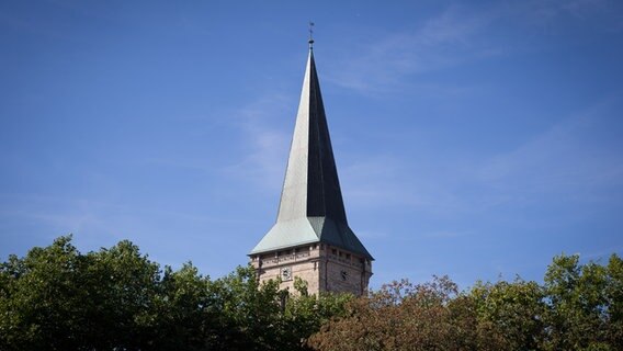 Der Turm der St. Katharinenkirche ist hinter Baumkronen zu sehen. © dpa Foto: Friso Gentsch