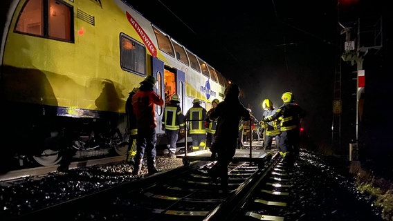 Einsatzkräfte der Feuerwehr stehen neben einem Metronom nachdem dieser mit einem Baum kollidiert ist. © Metronom 