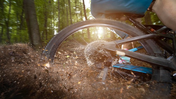 Das Hinterrad eines Mountainbikes wirbelt Dreck auf. © picture alliance / Westend61 | Robert Niedring Foto: Robert Niedring