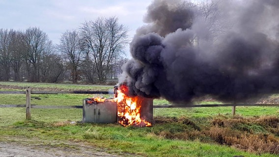 Ein brennender und rauchender Stromkasten auf einem Feld. © Feuerwehr Dörpen 