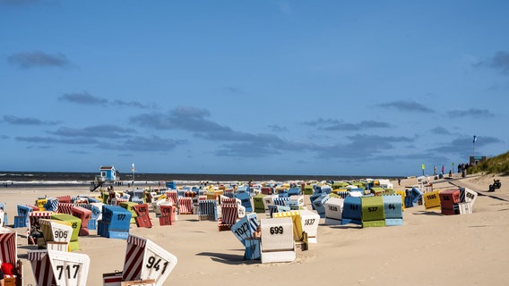 Strandkörbe am Strand von Langeoog bei strahlend blauem Himmel. © NDR Foto: Heike Fey