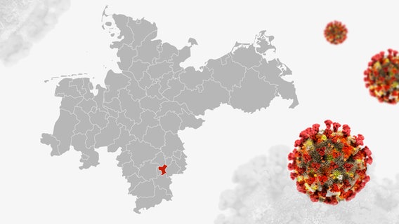 The outline of Northern Germany and virus symbols - Salzgitter is highlighted.  © panthermedia Photo: lamianuovasupermai