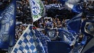 Schalke Fans wehen blau-weiße Fahnen mit dem Logo des Fußballclubs im Stadion. © dpa - picture alliance Foto: mirafoto