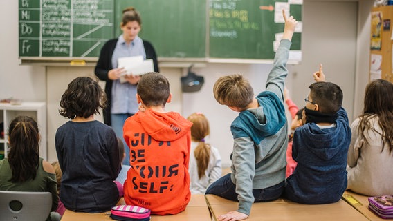 Schüler melden sich während eine Lehrerin in einem Klassenzimmer vor einer Tafel steht. © NDR Foto: Julius Matuschik