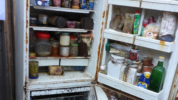 Ein sehr dreckiger Kühlschrank mit vielen alten Lebensmitteln. © Niedersächsisches Landesamt für Bau und Liegenschaften (NLBL) 