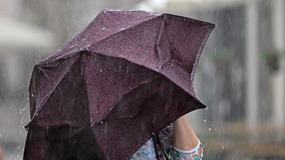 Eine Frau steht im Regen unter einem Regen·schirm. © picture alliance/dpa | Martin Schutt Foto: Martin Schutt