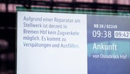 Eine Hinweistafel weist am Bremer Hauptbahnhof auf eine Stellwerksstörung hin. © TeleNewsNetwork 