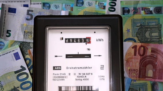 Eine Fotomontage zeigt einen Stromzähler vor Geldscheinen. © picture alliance/Wagner | Ulrich Wagner Foto: Ulrich Wagner