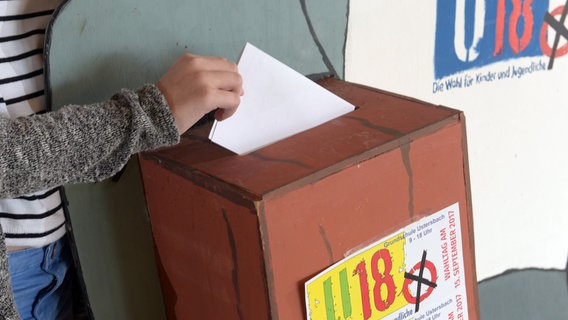 Ein Stimmzettel wird in eine Box mit der Aufschrift "U18" gesteckt © picture alliance/dpa Foto:  Stefan Puchner