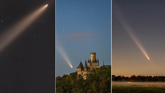 Eine Bildkombo zeigt einen Kometen in Rechterfeld, über der Marienburg und in Brake. © NDR Foto: Adrian Helms/Mario Konang/Uwe Peglau