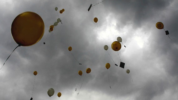 Luftballons mit Briefumschlägen steigen zum Himmel empor. © NDR Foto: Alfred Gogolin