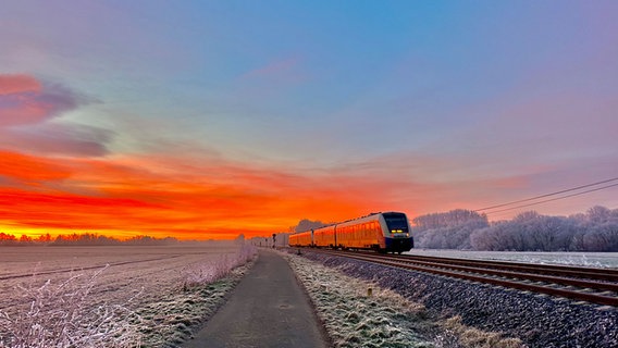 Morgenrot ist am frühen Morgen am Himmel hinter einer Bahnstrecke zu sehen. © NDR Foto: Tanja Ehlers