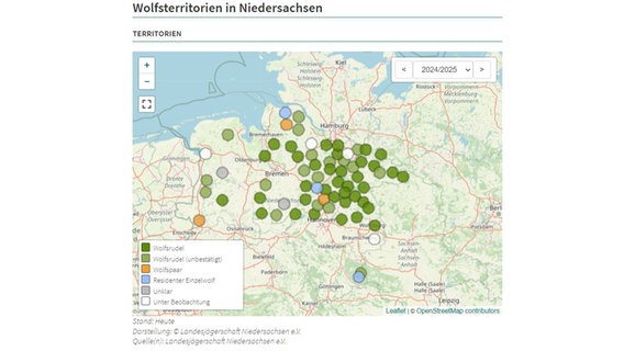 Eine Grafik zeigt Wolfsterritorien in Niedersachsen. © Landesjägerschaft Niedersachsen e.V. 