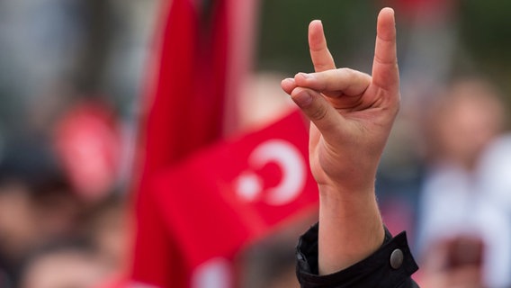 Eine Person zeigt den sogenannten Wolfsgruß, ein Zeichen der faschistischen Organisation "Graue Wölfe". Im Hintergrund ist eine türkische Fahne zu sehen. © dpa Bildfunk Foto: Peter Kneffel