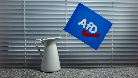 Vor einer Jalousie befindet sich eine AfD Fahne in einer Blechkanne. © picture alliance / ZB Foto: Sascha Steinach