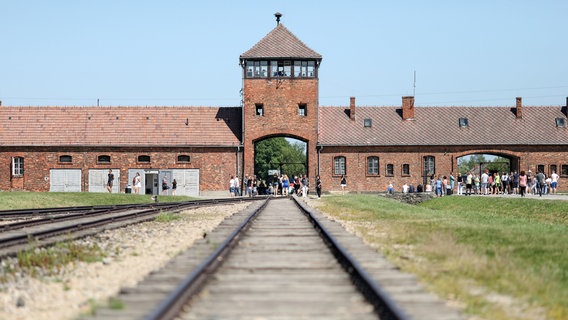 Besucher vor dem historischen Tor im Vernichtungslager Auschwitz-Birkenau. © picture alliance/dpa/dpa-Zentralbild Foto: Jan Woitas