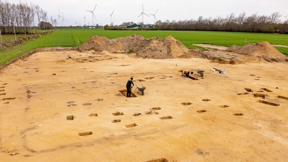 Bollingstedt: Archäologen graben in einem Feld innerhalb der Umrisse eines Gehöfts aus der römischen Kaiserzeit. © +++ dpa-Bildfunk +++ Foto: Axel Heimken