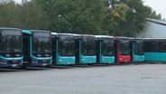 Mehrere parkende Busse des öffentlichen Personen-Nahverkehrs mit Kieler Kennzeichen. © NDR 