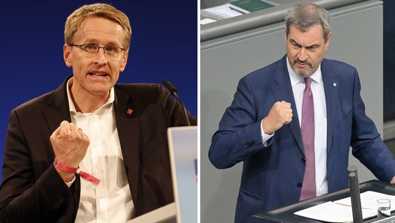 Die Ministerpräsidenten Daniel Günter (CDU) und Markus Söder (CSU) ballen die Faust während einer Rede. © IMAGO / Fotostand  -  IMAGO / Frank Gaeth 