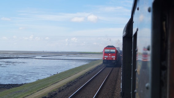 Blick aus dem Zugfenster einer Dampflok: Auf dem benachbarten Gleis ist eine rote Diesellok zu sehen. © NDR Foto: Lukas Knauer