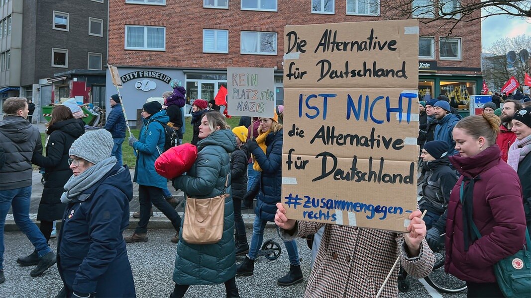 Menschen in Kiel demonstrieren gegen die AfD.
