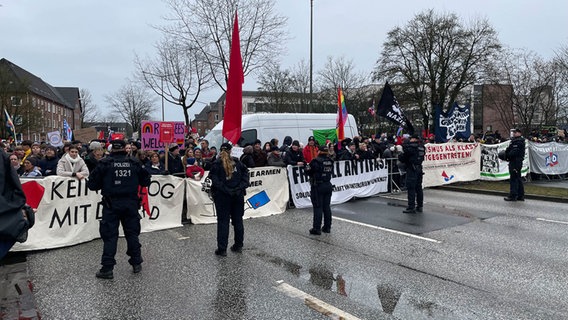 Eine Demonstration für die Demokratie und gegen die AfD wird von einer Reihe von Polizisten beobachtet © NDR Foto: Bastian Pöhls