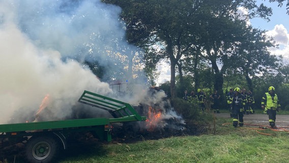 Feuerwehrleute stehen neben einigen verkohlten Strohballen © NDR Foto: Oliver Kring