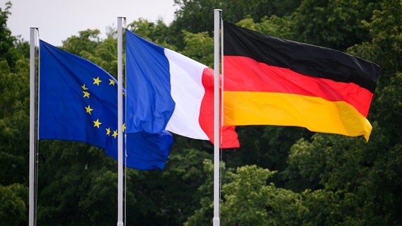 Die Flaggen von Europa, Frankreich und Deutschland sind rund um den großen Stern gehisst. © picture alliance/dpa Foto: Bernd von Jutrczenka