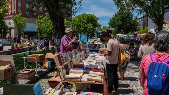 Ein Mann blättert durch ein Buch an einem Flohmarktstand. © Imago Images 
