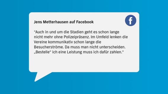 Eine Sprechblase zeigt ein Zitat einer Person: Auch in und um die Stadien geht es schon lange nicht mehr ohne Polizeipräsenz- Im Umfeld lenken die Verein kommunikativ schon die lange die Besucherströme. Da muss man nicht unterscheiden. „Bestelle“ ich eine Leistung muss ich dafür zahlen.
GANZ EINFACH... © NDR 