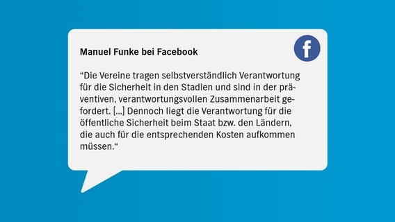 Eine Sprechblase zeigt ein Zitat einer Person: Die Vereine tragen selbstverständlich Verantwortung für die Sicherheit in den Stadien und sind in der präventiven, verantwortungsvollen Zusammenarbeit gefordert. Dennoch liegt die Verantwortung für die öffentliche Sicherheit beiM Staat bzw. den Ländern, die auch für die entsprechenden Kosten aufkommen müssen. © NDR 